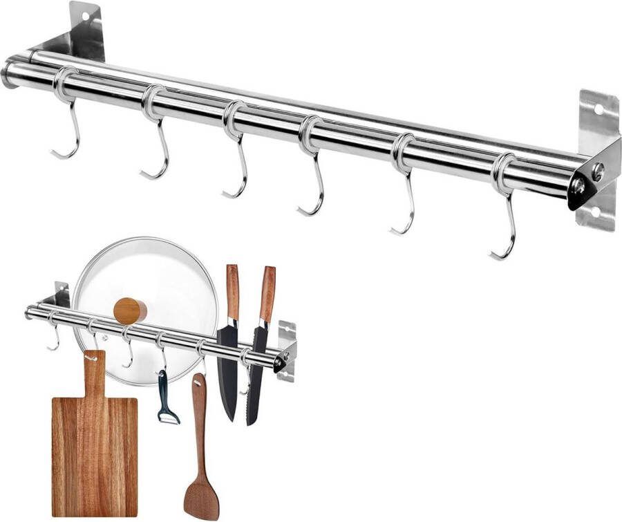 Roestvrij Stalen Keuken Hakenlijst Multifunctionele Dubbele Stang Ophangrail Met 6 Haken Keukengerei Houder 40 cm ophangrek keukengerei
