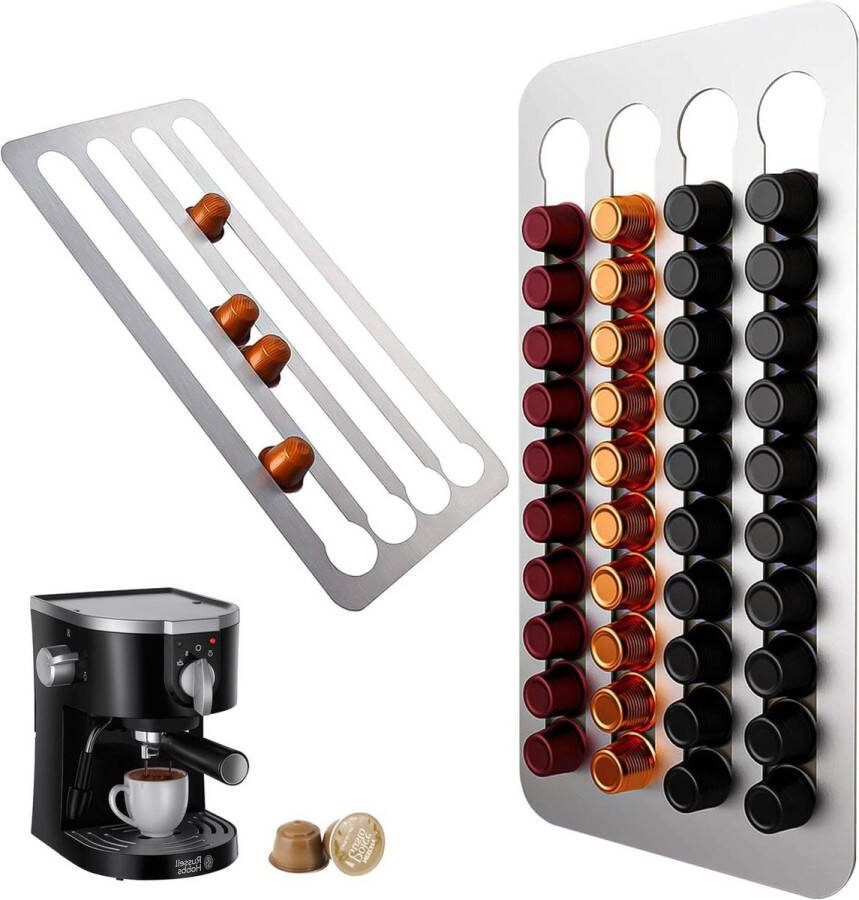 Roestvrij stalen koffiecapsulehouder voor Nespresso & Cafissimo 40 capsules 405 x 22 cm met plakstrip capsulehouder nespresso