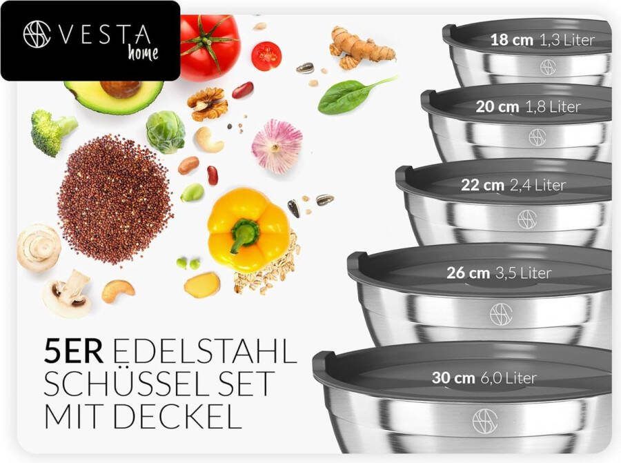 Roestvrij stalen kom 5-delige set met deksel (1 4 tot 7 6 liter) mengkom & slakom met schaal roestvrijstalen kommen met siliconen bodem