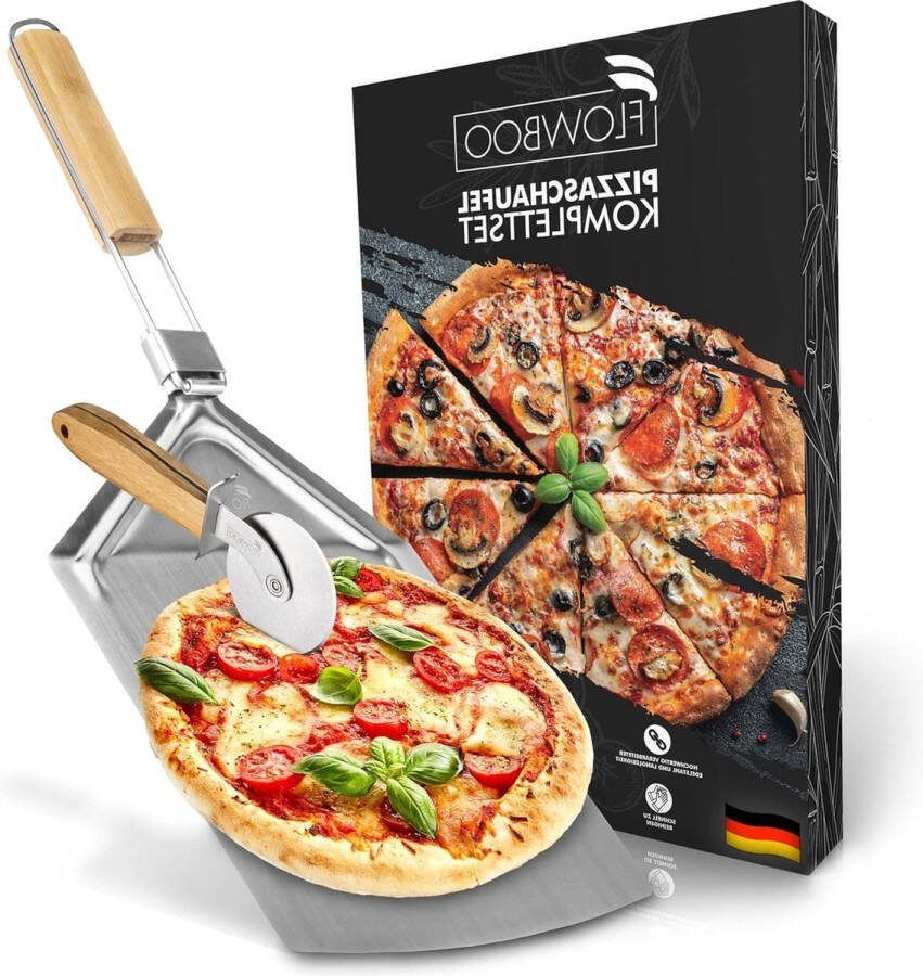 Roestvrij stalen pizzaschep pizzaset met XXL pizzaschep & paspleet pizza schuiver voor grill & oven opvouwbaar bamboe handvat pizzaspatel voor pizza's tot 32 cm pizza accessoires
