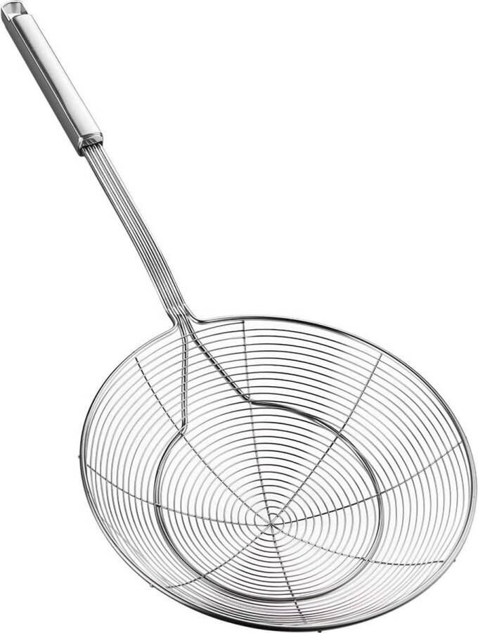 Roestvrij stalen spinnenweb pollepel kookschuimer schuimspaan zeef draadgaas keukenlepel met handvat voor dagelijks frituren stoven en schepen. Diameter: 20 cm