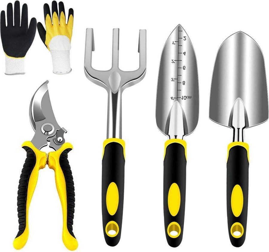 Roestvrij stalen tuinset met tuinschaar handtrommel transplantator handhark tuinhandschoenen (750 5 stuks)