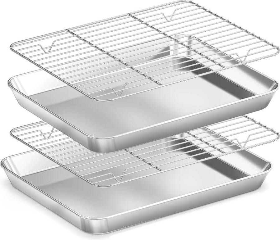 Roestvrijstalen bakplaat met koelrek (2 bakplaten + 2 koelrekken) 23 5x17 5x2 5cm rechthoekige bakplaat ovenschaal met taartrekset bakplaat met antiaanbaklaag niet giftig en gemakkelijk schoon te maken