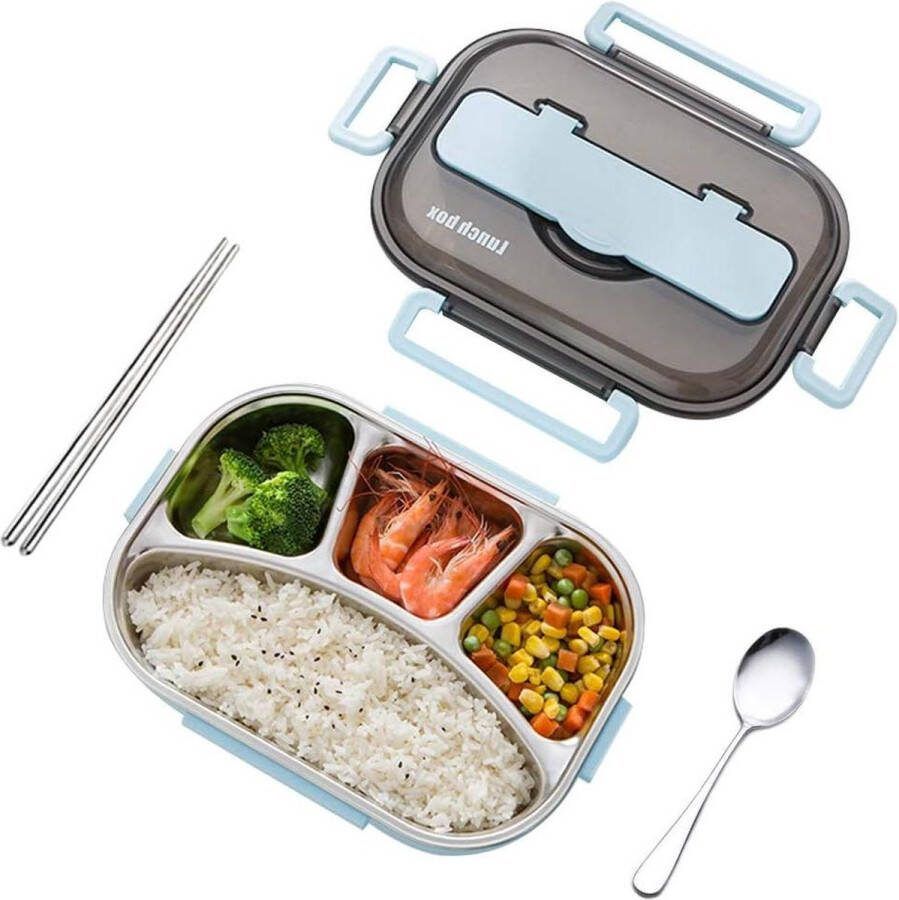 Roestvrijstalen Bento Box Lunch Containers 4 Compartment Met Eetstokjes en Lepel Blauw