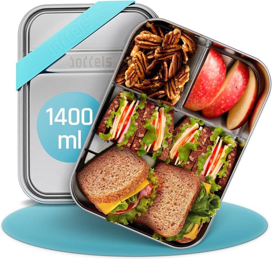 Roestvrijstalen broodtrommel met vakken 1400 ml incl. flexibele verdeler broodtrommel voor kinderen met onderverdeling broodtrommel voor kinderdagverblijf school werk lunchbox voor