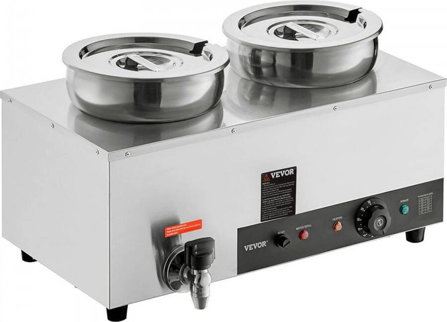 Dakta roestvrijstalen buffetwarmer voedselverwarmer 1200W 2 x 8 1L buffetcontainer φ180 x φ240 x 220 mm elke soeppan inclusief deksel en afvoerkraan en indicator voor droog branden voor kantine café restaurant enz