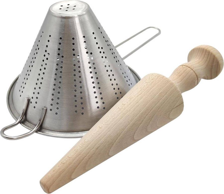 Roestvrijstalen Chinese Zeef en Beukenhouten Stamper- Keukengerei voor Puree Kefir Bouillon- Sauzen Crèmes Groentepuree Keukenbenodigdheden