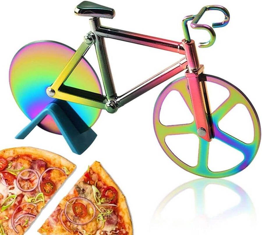 Roestvrijstalen fiets-pizzasnijder met plastic houder en antiaanbaklaag gemakkelijk te snijden voor feesten (titanium) pizzasnijder