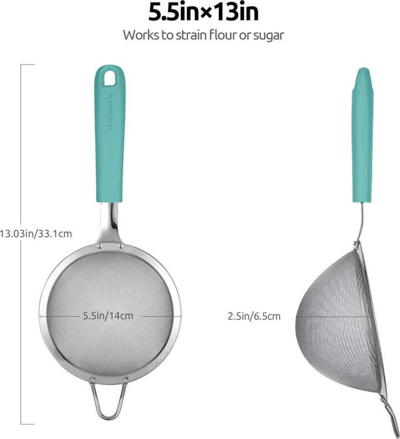 Roestvrijstalen gaaszeef: keuken metalen fijnmazige zeefzeef met geklonken stevig siliconen handvat en 30 mesh gat voor het zeven van meel thee koffie sap (Wintertaling 14 cm)