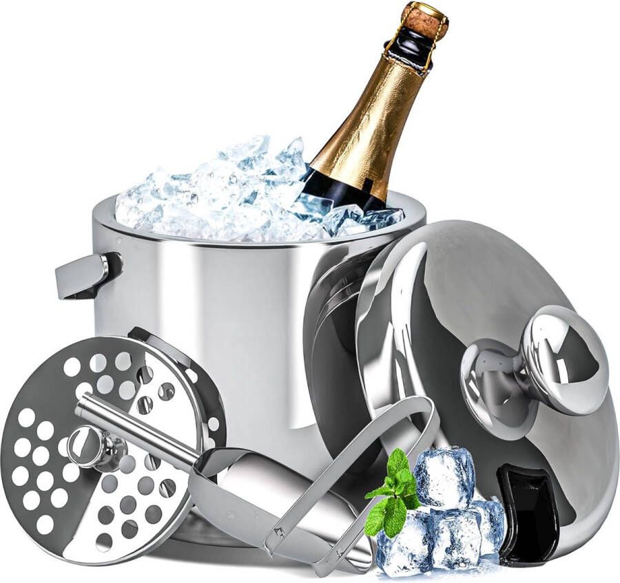 Roestvrijstalen ijsemmer voor ijsblokjes 3 liter met deksel en ijstang dubbelwandige ijsemmer van roestvrij staal inclusief zeef premium ijsemmer als ijsblokjeshouder champagnekoeler