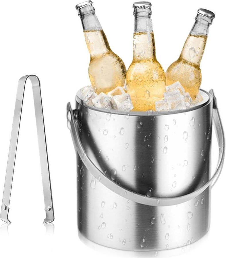 Roestvrijstalen ijshouder dubbelwandige 2 liter ijsblokjeshouder zeef en luchtdicht deksel ijstang draaggreep champagnekoeler flessenkoeler Ijsemmer dubbelwandig met deksel