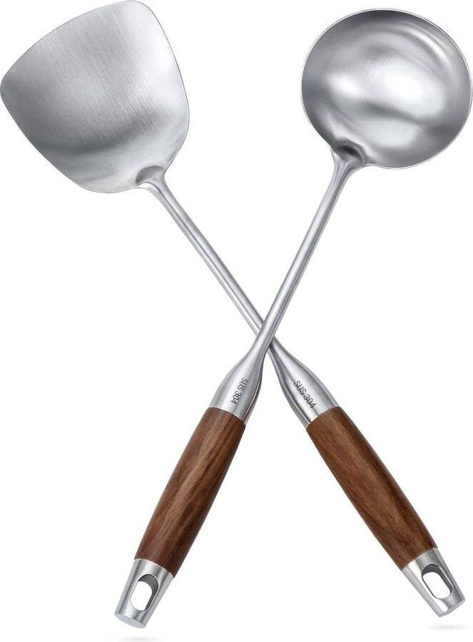 Roestvrijstalen keukengereiset Wokspatel en soeplepelset met lang hittebestendig houten handvat (35 x 9 cm zilver)