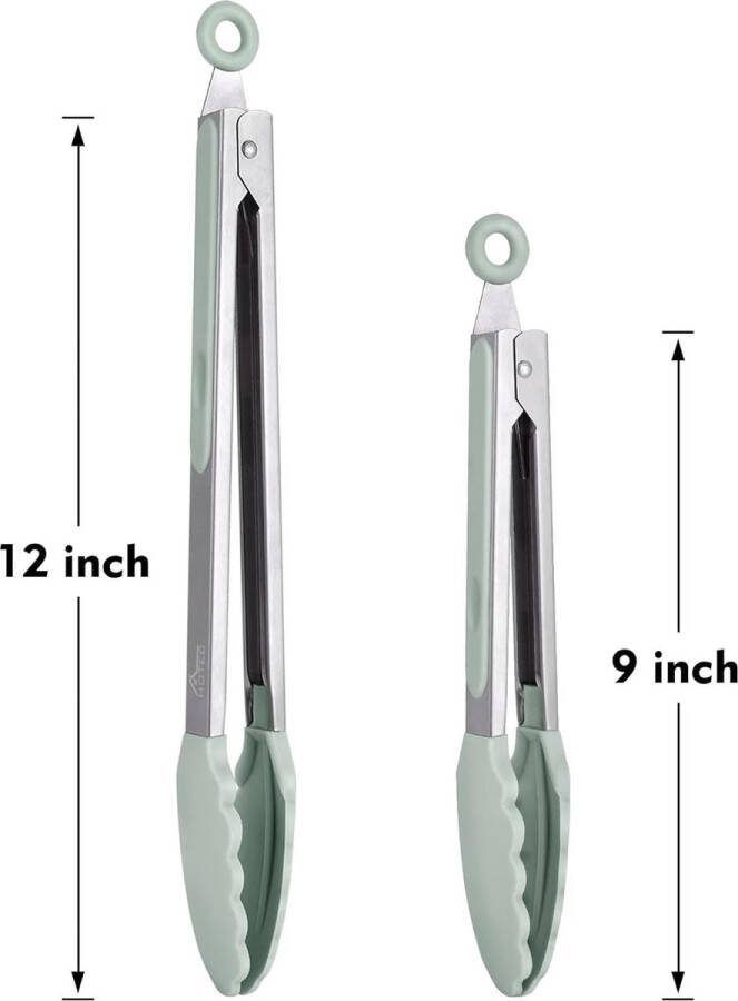 Roestvrijstalen keukentang met siliconen punten 2-22 9 cm en 30 5 cm lichtgroen