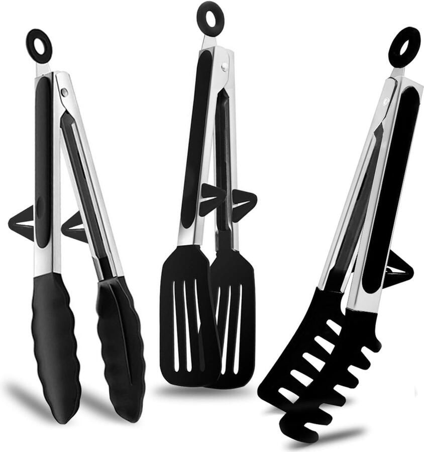 Roestvrijstalen keukentang met siliconen punten 3 stuks 23 cm barbecuetang kooktang keukentang voor salade koken grillen zwart