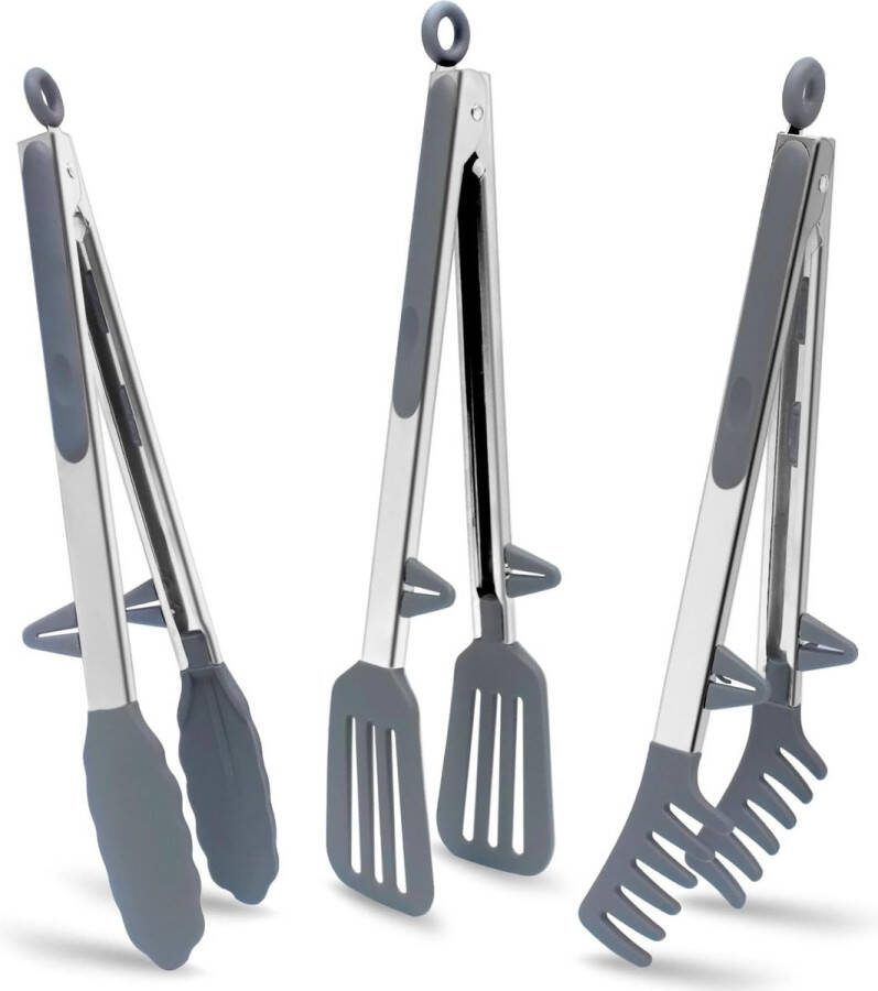 Roestvrijstalen keukentang met siliconen punten 3 stuks 30 cm barbecuetang kooktang voor salade koken grillen grijs