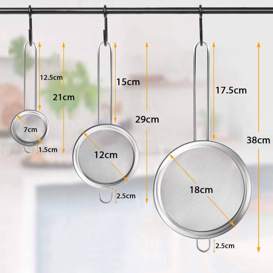 Roestvrijstalen keukenzeef fijnmazig versterkte greep set met 3 maten 7 12 18 cm