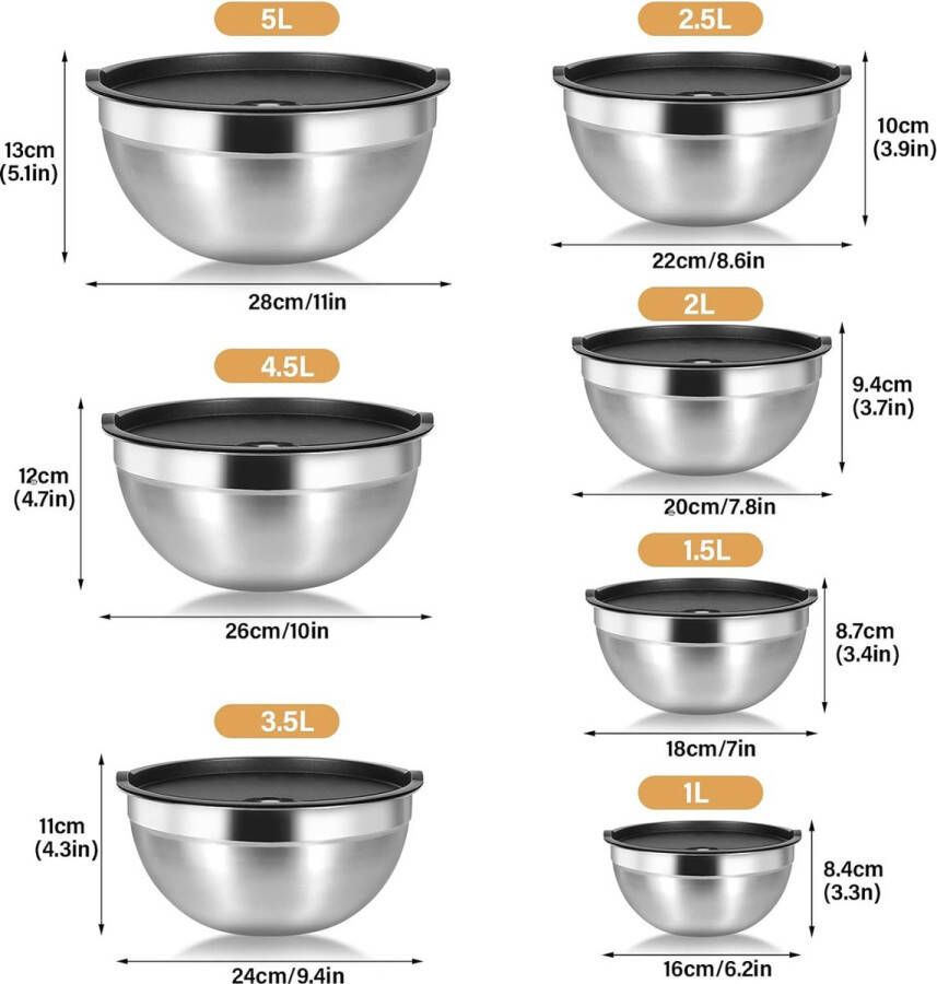 Roestvrijstalen kom 7-delige set roestvrijstalen mengkom slakom keukenkom met luchtdichte deksels multifunctionele kommen stapelbaar