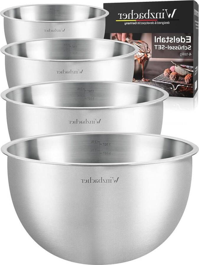 Roestvrijstalen kom set van 4 vaatwasserbestendig 1 l 15 l 25 l + 35 l stapelbaar antislip mengkom slakom komset