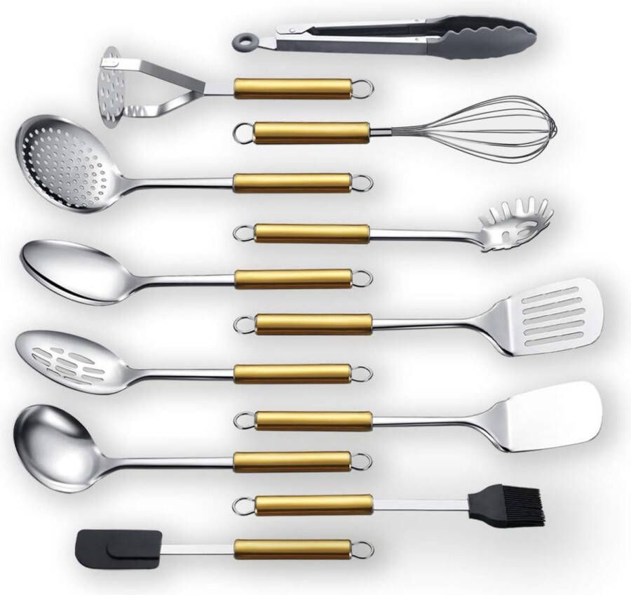 Roestvrijstalen kookgerei sets 12 stuks gouden handvat keukengerei set keuken gereedschapsset inclusief kooklepel pollepel schuimspaan aardappelstamper spatels ect. (12st)