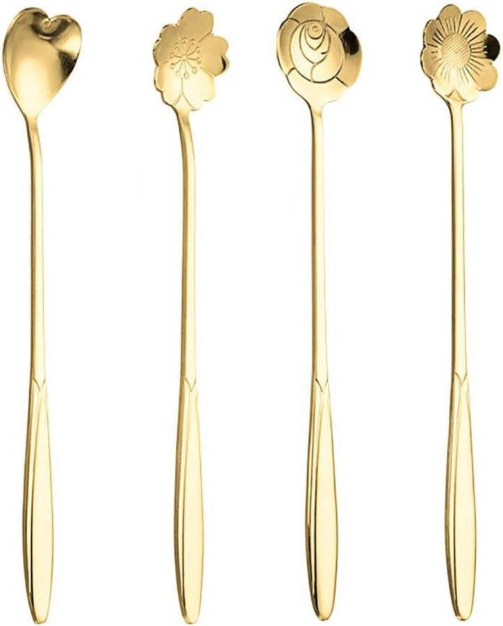Roestvrijstalen lepelset 4 creatieve lange lepels roestvrijstalen kersenbloesemlepels bloem-koffielepel gouden lepel met bloemenpatroon
