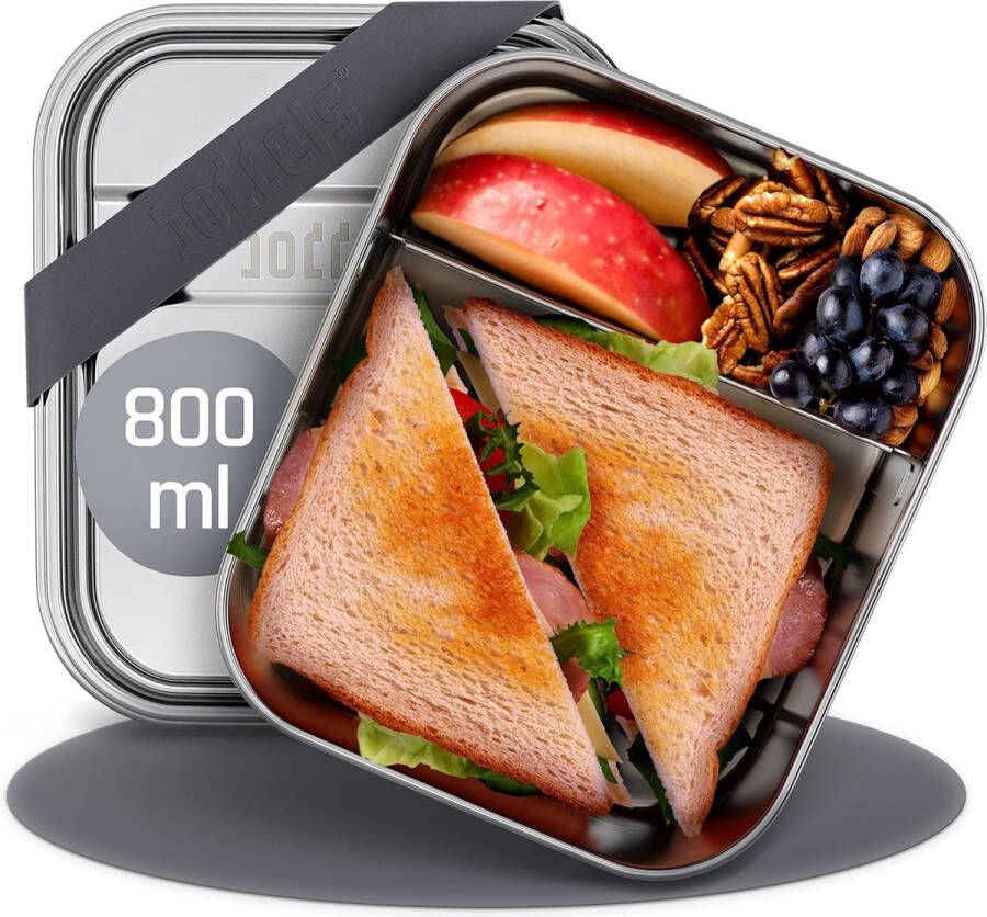 Roestvrijstalen lunchbox met compartimenten 800 ml inclusief flexibele verdeler kinderlunchbox met vakjes lunchbox voor snacks