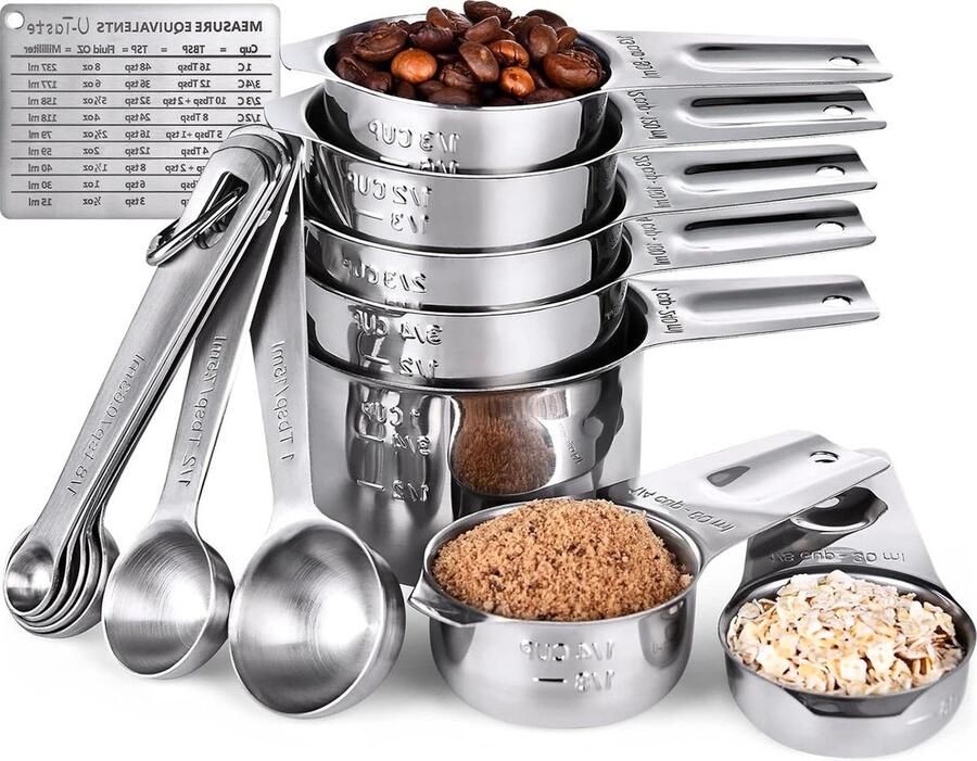 Roestvrijstalen Maatbekers Set van 15 Breed Handvat Met TSP TBSP Lepels D-ringen Magnetische Meetconversietabel Zilver