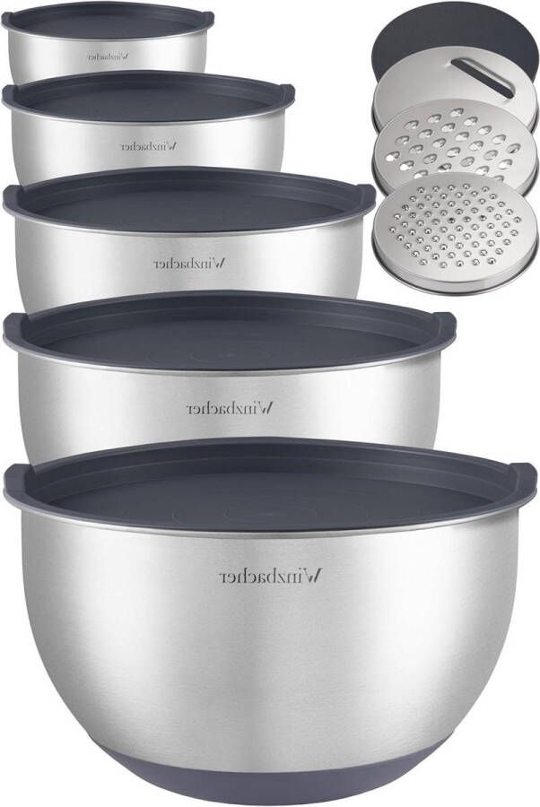 Roestvrijstalen mengkom set met deksel antislip stapelbaar vaatwasmachinebestendig incl. rasp 1 l + 15 l + 25 l + 35 l + 45 l Kommenset