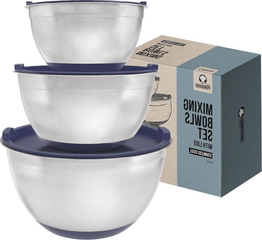 Roestvrijstalen mengkommen met deksel marineblauw antislip siliconen basis 3-delige set (14 l 28 l 47 l) nestkommen voor opslag koken bakken Chef Pomodoro