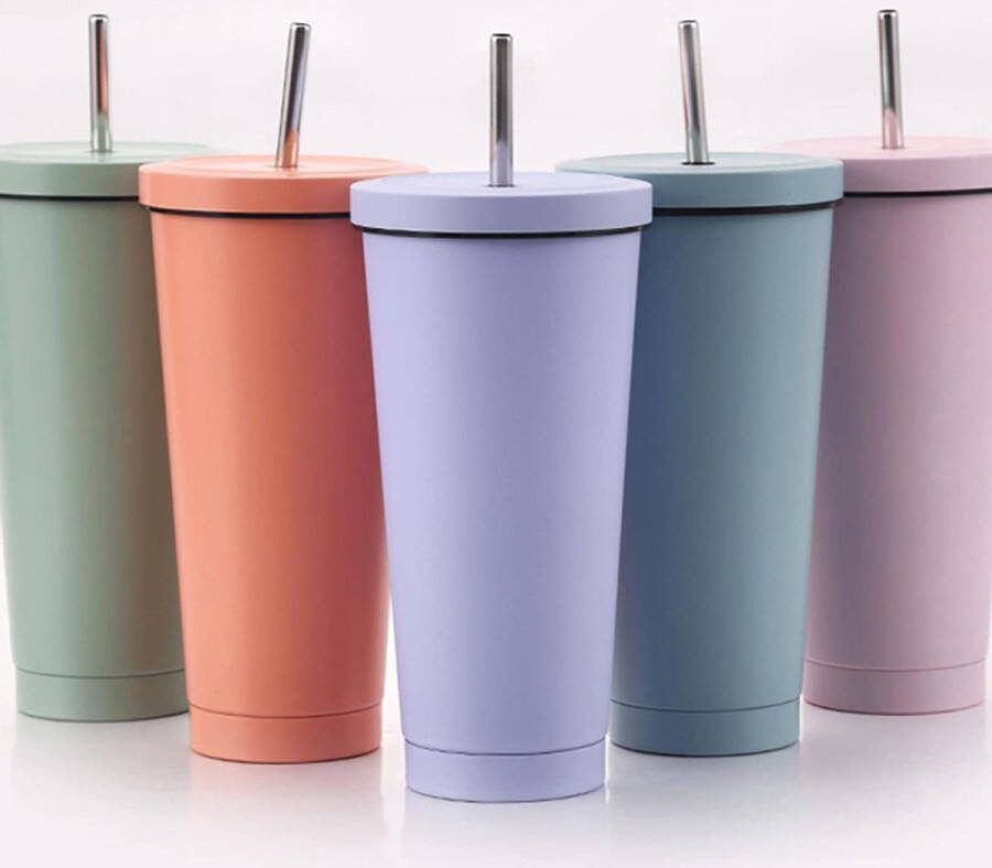 Roestvrijstalen reisbeker met rietje en deksel 750 ml 25 oz dubbelwandige vacuüm geïsoleerde beker herbruikbare koffiebeker lichtpaars
