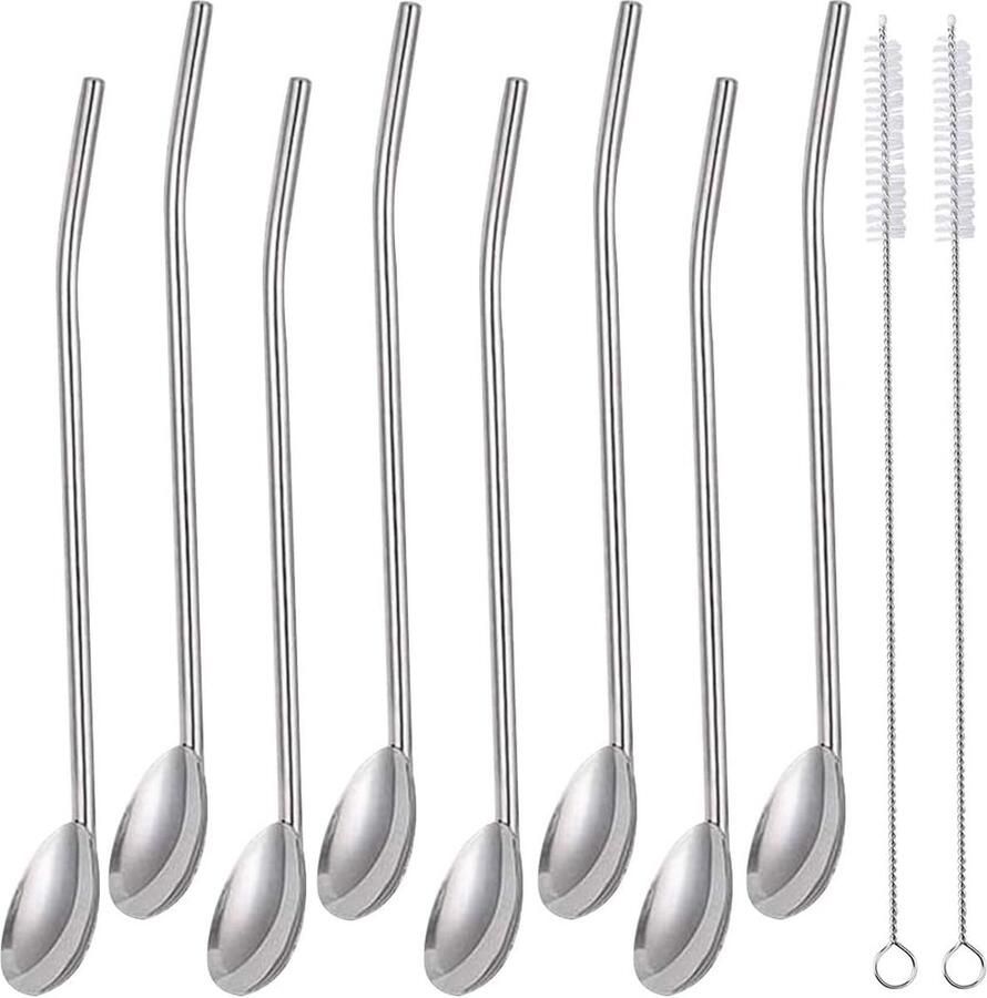 Roestvrijstalen rietjes 8 stuks herbruikbaar roestvrij staal metalen rietje 2-in-1 rietje en lepel ideaal als latte macchiato en cocktaillepel