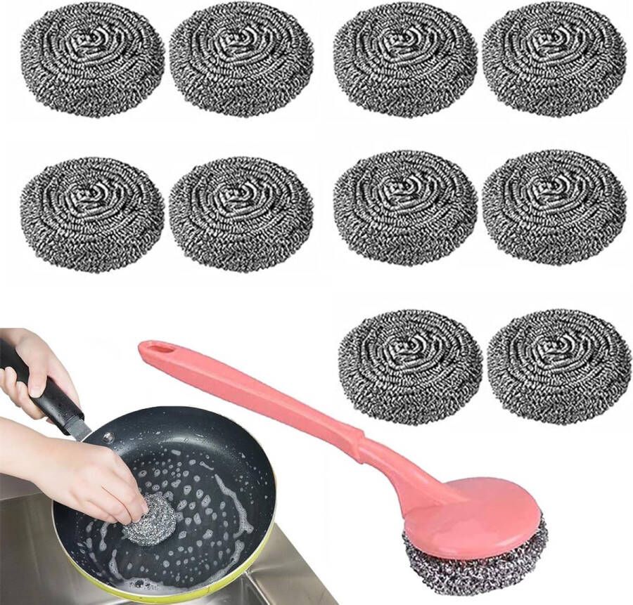 Roestvrijstalen Schuursponsjes Met Handvat Set van 10 Keukenreinigingsgereedschap Metalen Sponzen Voor Pot Pannen Grills en Oven (18g) Sponzen schoonmaak