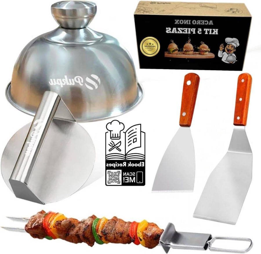 Roestvrijstalen Smash Burgerset met Hamburgerpers Spatel Spiesstok Deksel 4-delige Grillset EU-gecertificeerd
