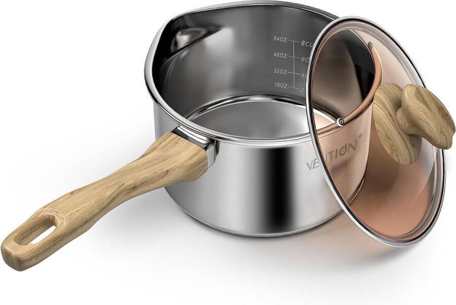 Roestvrijstalen steelpan inductie kleine kookpan met deksel 18 cm 2 liter steelpan met schenktuit