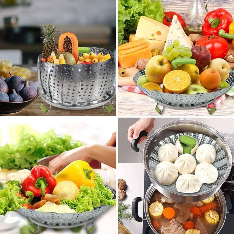Roestvrijstalen stoomkoker instelbaar stoominzet met uittrekbare handgreep voor groenten en fruit opvouwbare mand roestvrij geschikt voor vaatwasser babyvoeding (Upgrade 11'')