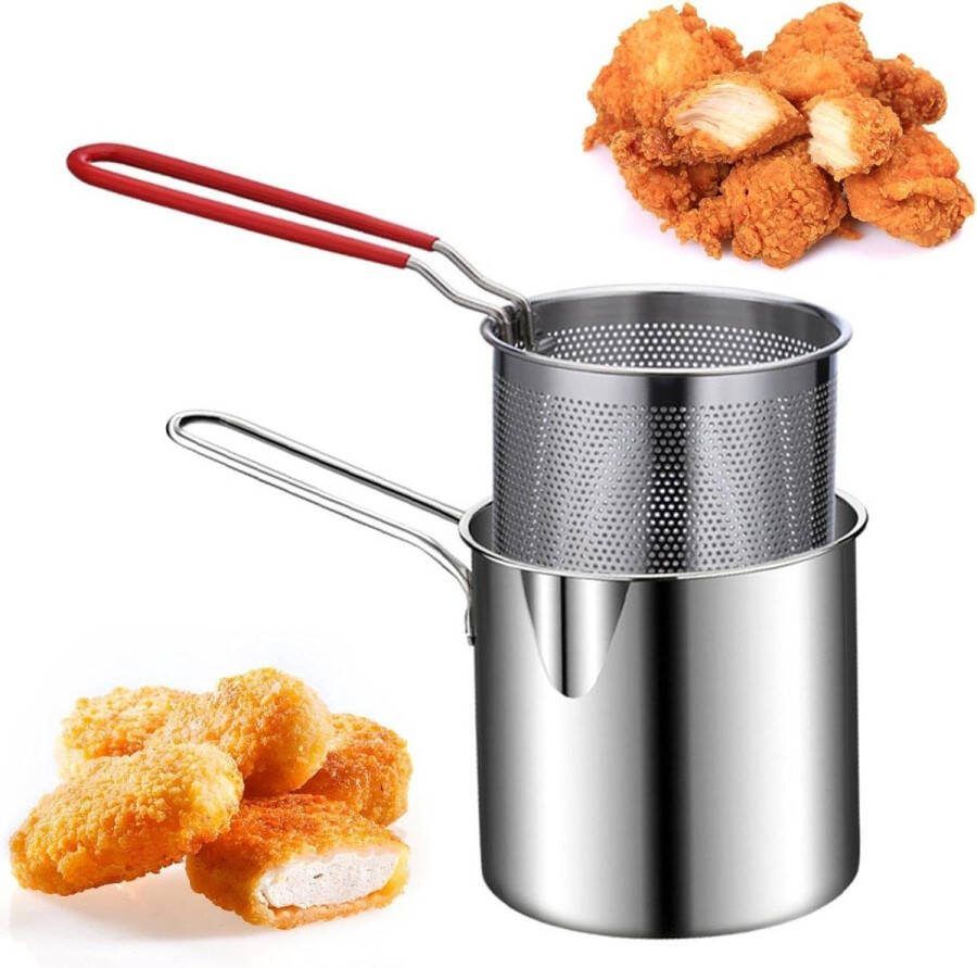 Roestvrijstalen Tempura friteuse pan met zeefmand vis garnalen kip friet 3-delige set