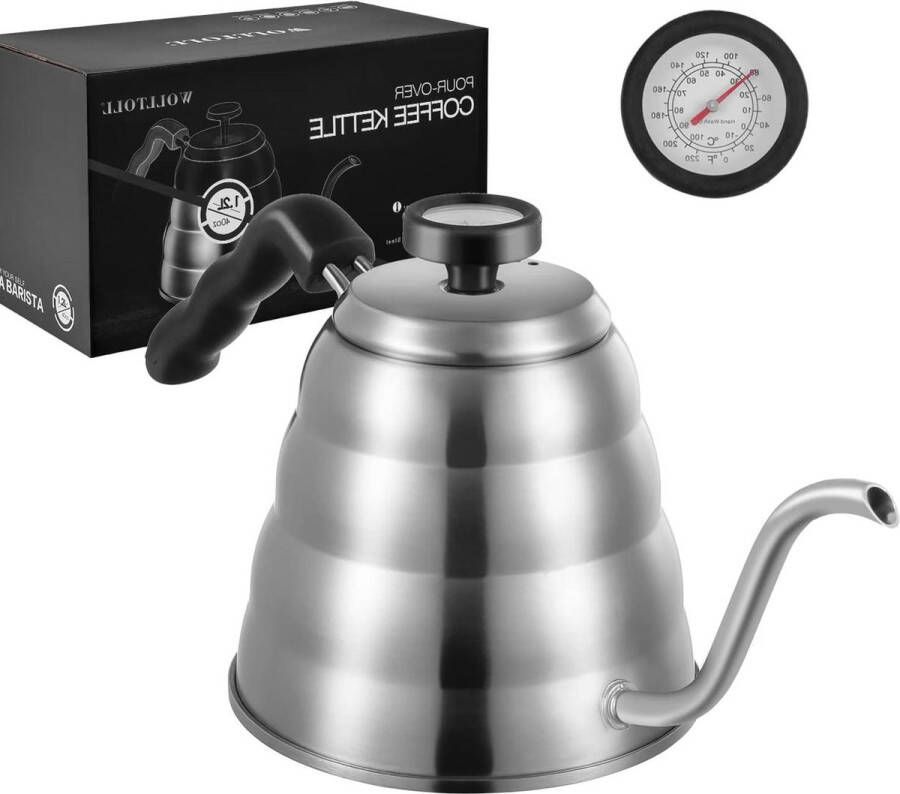 Roestvrijstalen theekoffieketel met thermometer en dunne zwanenhalsuitloop voor inductiekookplaat 4 oz (1.25L)