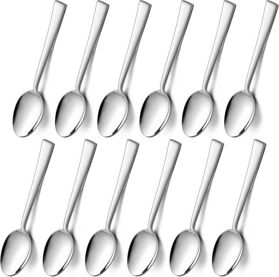 Roestvrijstalen theelepels dessertlepel set van 12 kleine lepel voor thuis restaurant keuken gladde rand en hoogglans gepolijst vaatwasmachinebestendig (14 cm zilver)