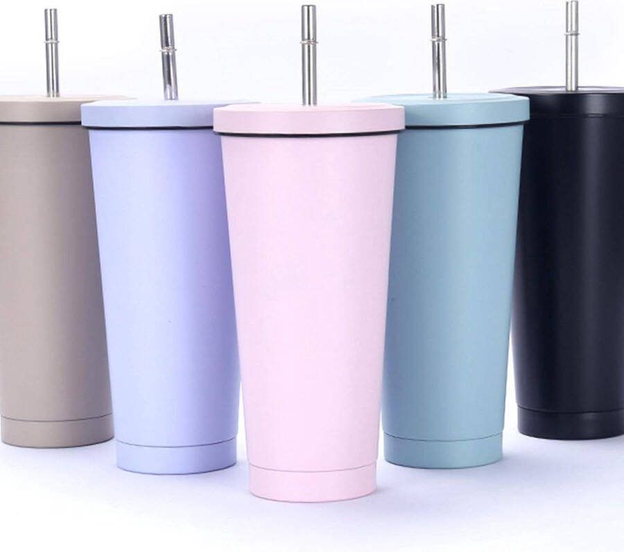 Roestvrijstalen Thermische Mok met Rietje en Deksel Voor Warme en Koude Dranken Herbruikbare Koffiebeker 750ml (Roze) travel mug