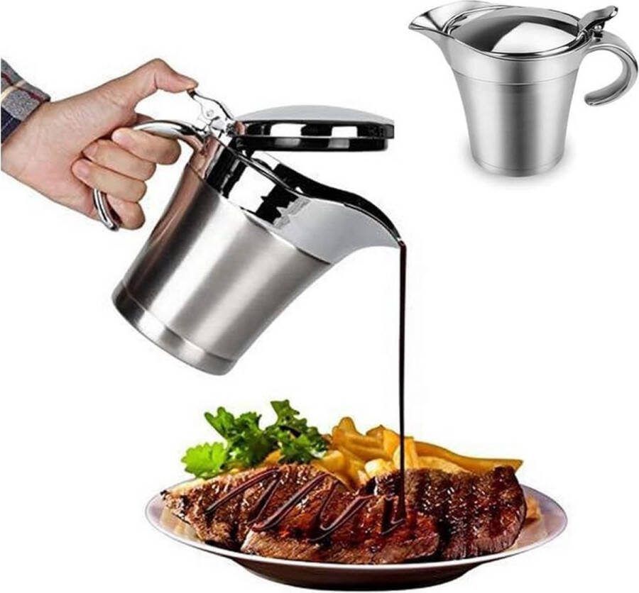 Roestvrijstalen thermosauskan voor sauzen 750 ml dubbel geïsoleerd met klapdeksel sauspan sauskom met deksel voor diners restaurants feesten (zilver)