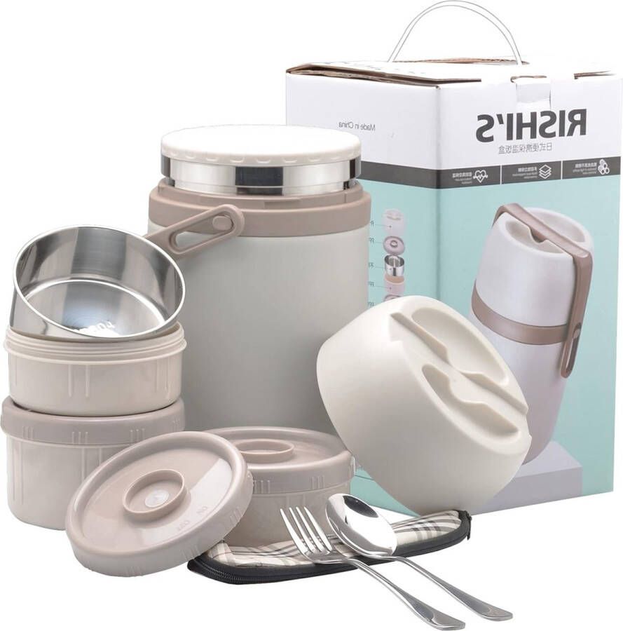 Roestvrijstalen thermoscontainer van 1 9 liter met 3 inzetstukken in opbergcontainers strakke lunchbox geïsoleerde container inclusief lepel en vork