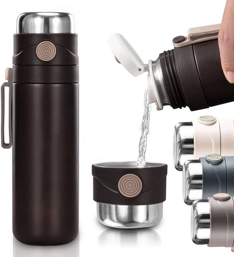 Roestvrijstalen thermosfles met beker en zeef 500 ml lekvrij thermobeker voor koffie to go houdt 12 uur warm en koud voor werk school sport en reizen zwart