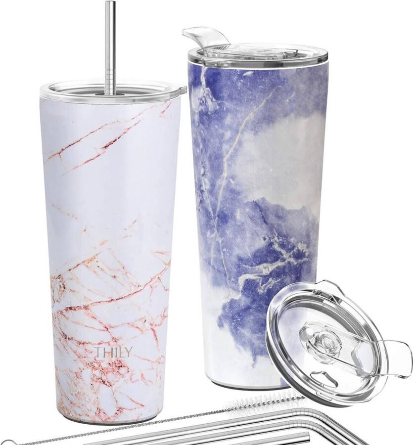 Roestvrijstalen vacuüm-geïsoleerde beker 780 ml drievoudig geïsoleerde reisbeker met spatwaterdicht deksel voor ijskoffie en warme dranken set van 2 goudkleurig marmer + blauw marmer