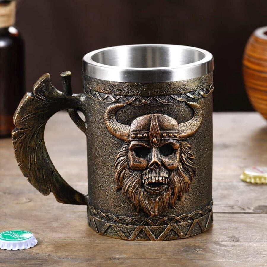 Roestvrijstalen Viking Axe Hoorn Schedel Bier Tankard Middeleeuwse Viking Krijger Drinkbeker voor Koffie Drank Sap 500ml