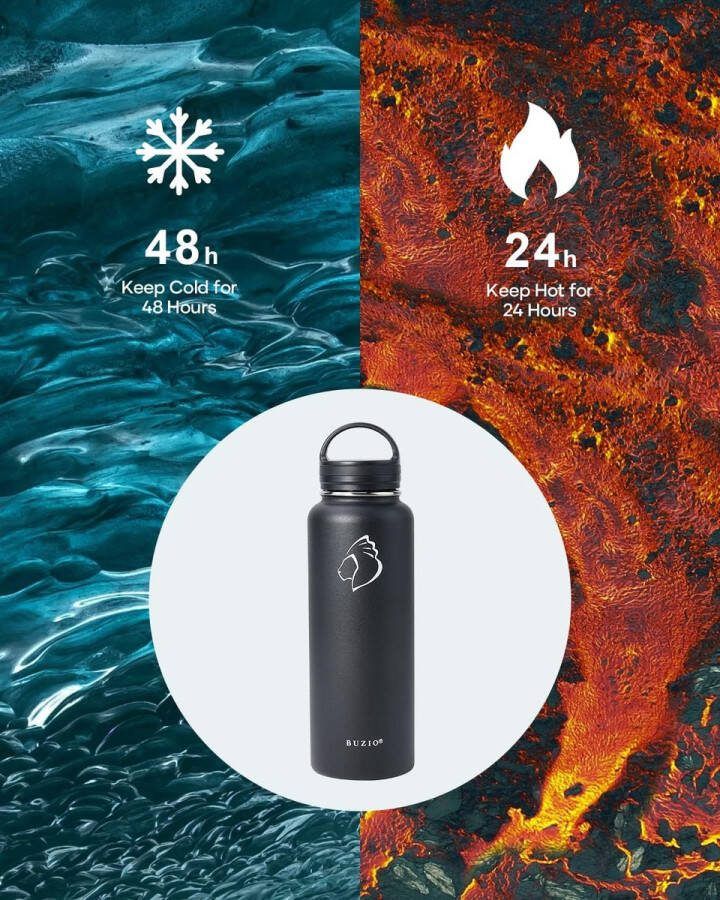 Roestvrijstalen Waterfles met Rietjesdeksel Tuitdeksel en Handgreep 1180ml Geïsoleerde Fles Draagtas Dubbelwandige Waterfles Lekvrij BPA-vrij Waterfles Reis Thermos zwart