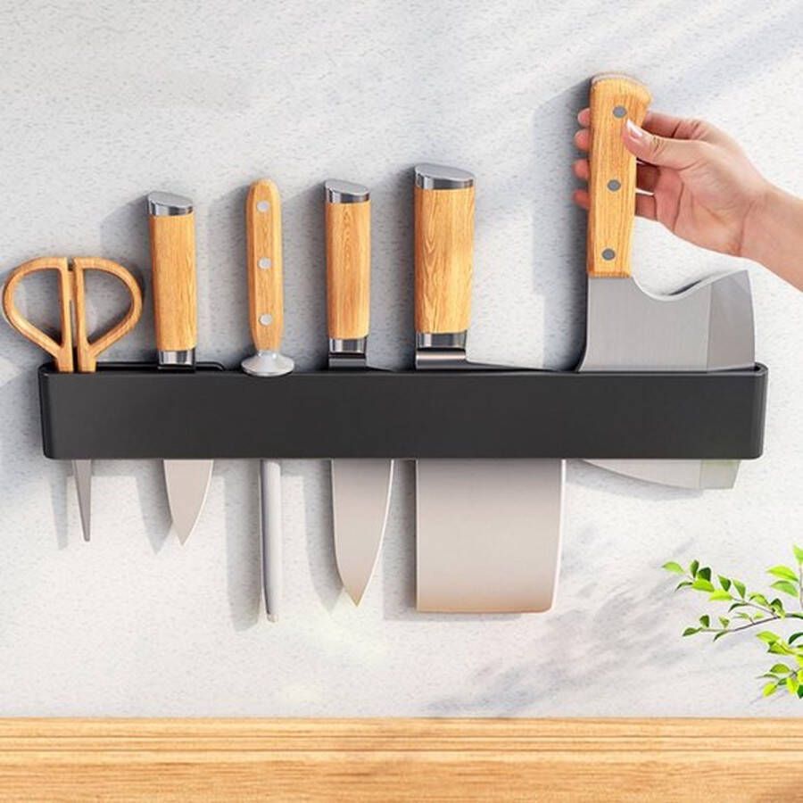 Roestvrijstalen zelfklevende messenhouder voor wandmontage 40 cm zwart eenvoudige montage geschikt voor keukengerei of gereedschap