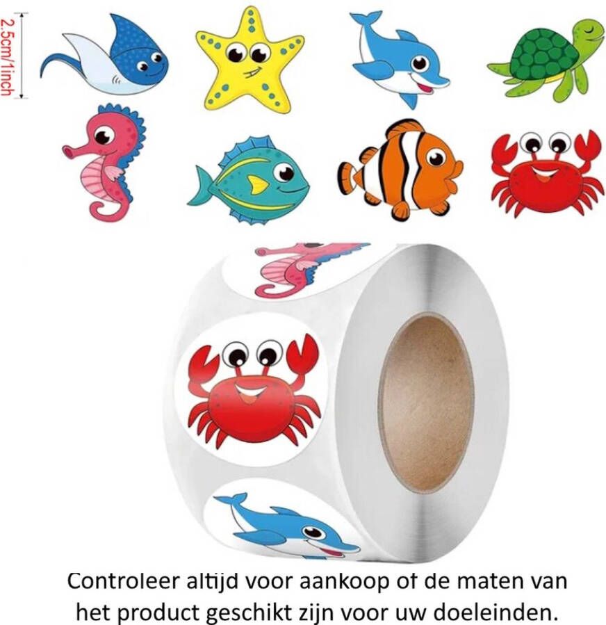 Rol met 500 Cartoon Zeedieren stickers 2.5 cm diameter Sea Animals Vis Zeester Clownfish Clownvis Annemoonvis Zeepaardje Krab Kreeft Dolfijn Schildpad Turtle Platvis Dolphin Sea horse Crab Decoratie Versiering