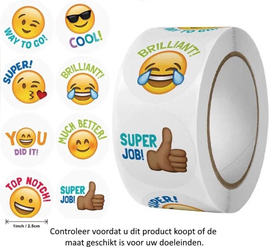 Rol met 500 Gele papieren smiley stickers 2.5 cm diameter Emoji Blij Compliment Toets Beloning Docent Leraar Meester Juf School Super Brilliant Cool Top Notch Super Job Emoties Decoratie Versiering Verjaardag