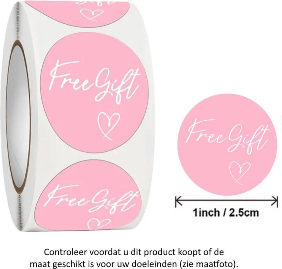 Rol met 500 Roze Free Gift Stickers met hartje 2.5 cm diameter Thanks Thank you! Dankje Bedankt Presentje Overdeliver Heart Hart Ecommerce Webwinkel Decoratie Versiering