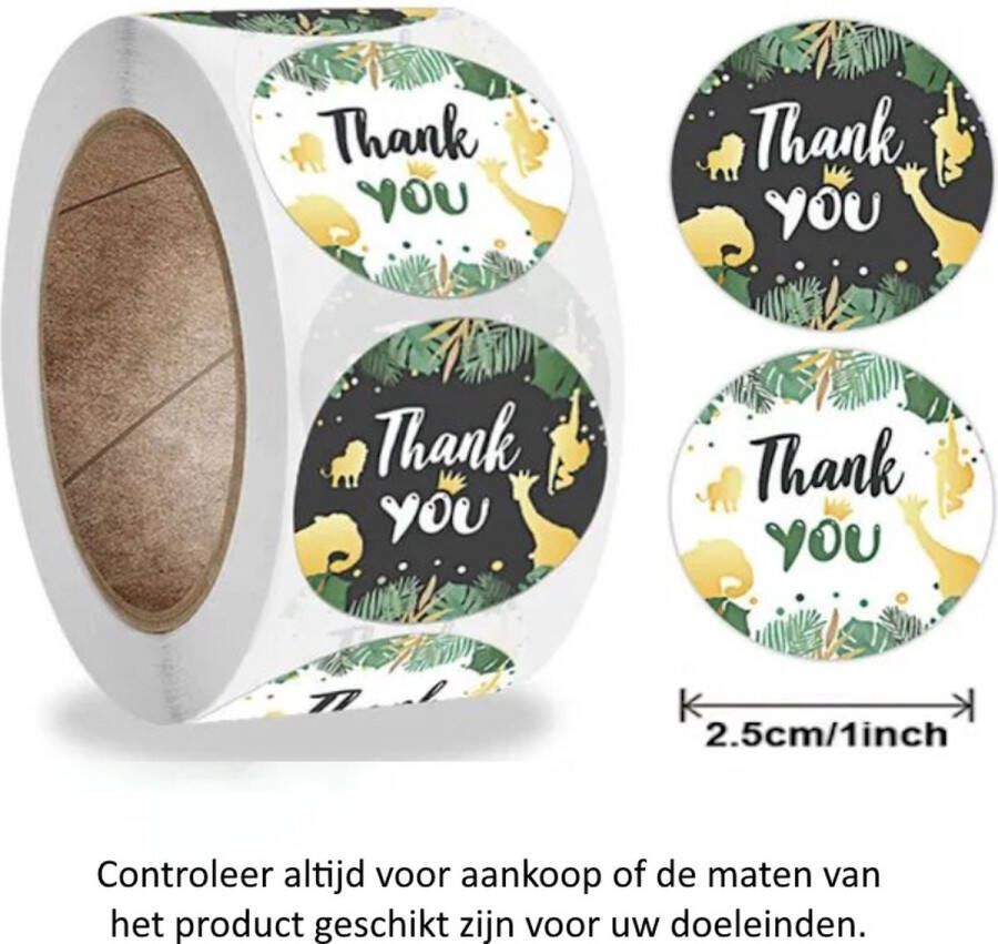 Rol met 500 Thank You Stickers 2.5 cm diameter Thanks Giving Day Wilde Dieren Wild Animals Safari Jungle Regenwoud Giraffe Olifant Aap Leeuw Decoratie Versiering Verjaardag