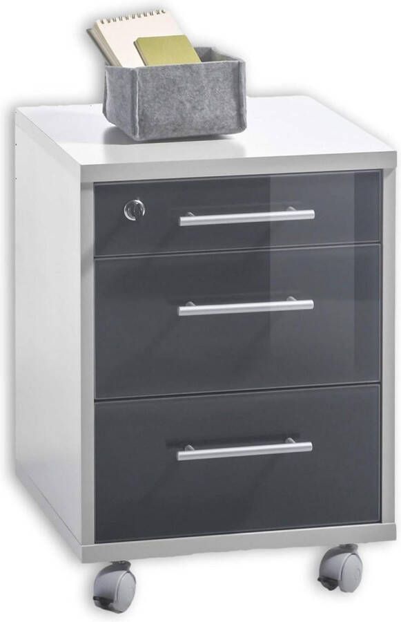 Rolcontainer afsluitbaar grafiet gelakte glazen front mobiele kantoorkast met 3 laden modern kantoormeubel complete set 40 x 56 x 40 cm (B-H-D) Ladeblok